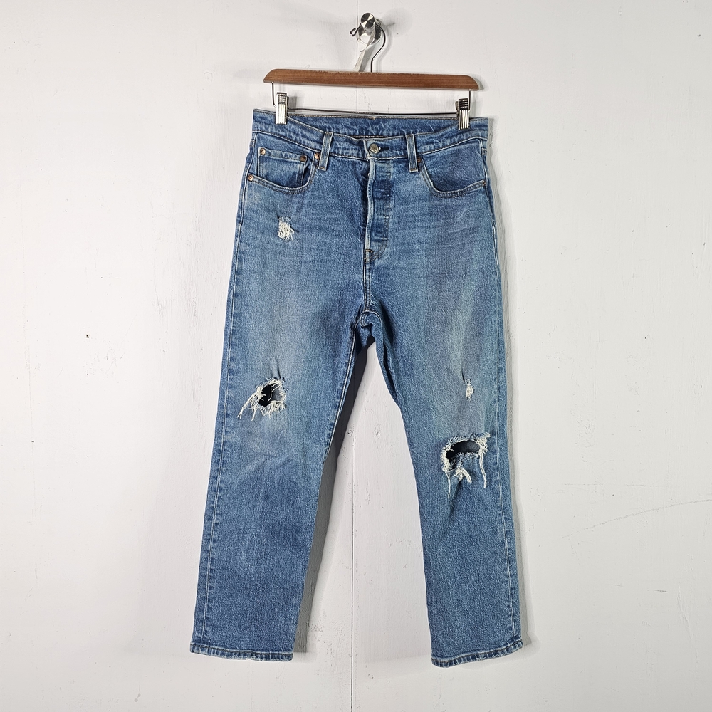 Levi's 501 Buttonfly High Rise 29x26 Womens Rigid Blue Jeans - Cotton